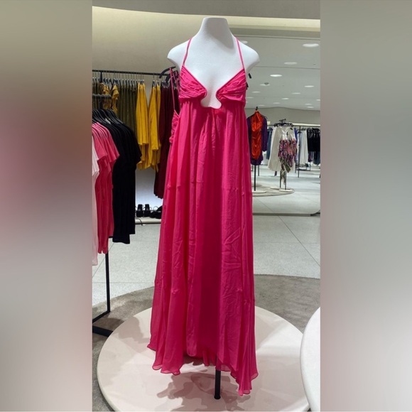 NWT Zara Hot Pink Chiffon Open Back Flowy Maxi Dress - Picture 10 of 10